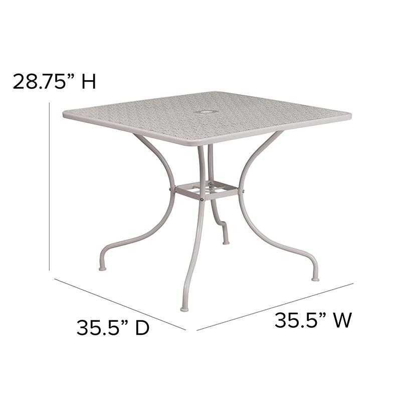 35.5" Square Light Gray Indoor-Outdoor Steel Patio Table with Umbrella Hole