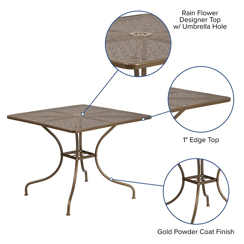 35.5" Square Gold Indoor-Outdoor Steel Patio Table with Umbrella Hole