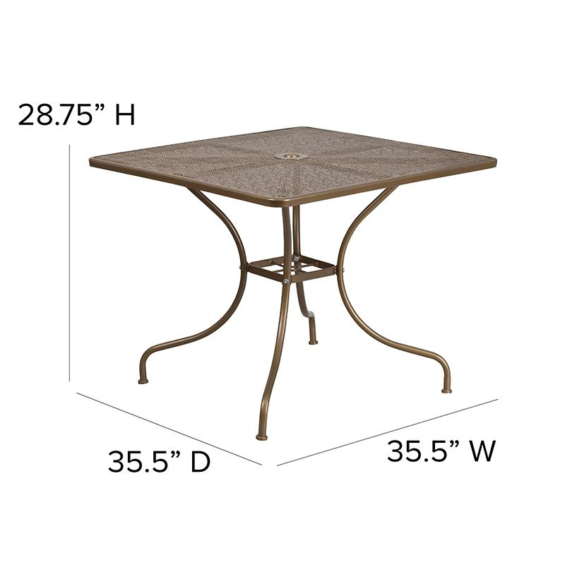 35.5" Square Gold Indoor-Outdoor Steel Patio Table with Umbrella Hole