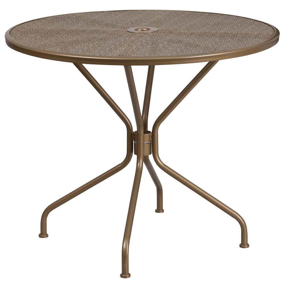 35.25" Round Gold Indoor-Outdoor Steel Patio Table with Umbrella Hole