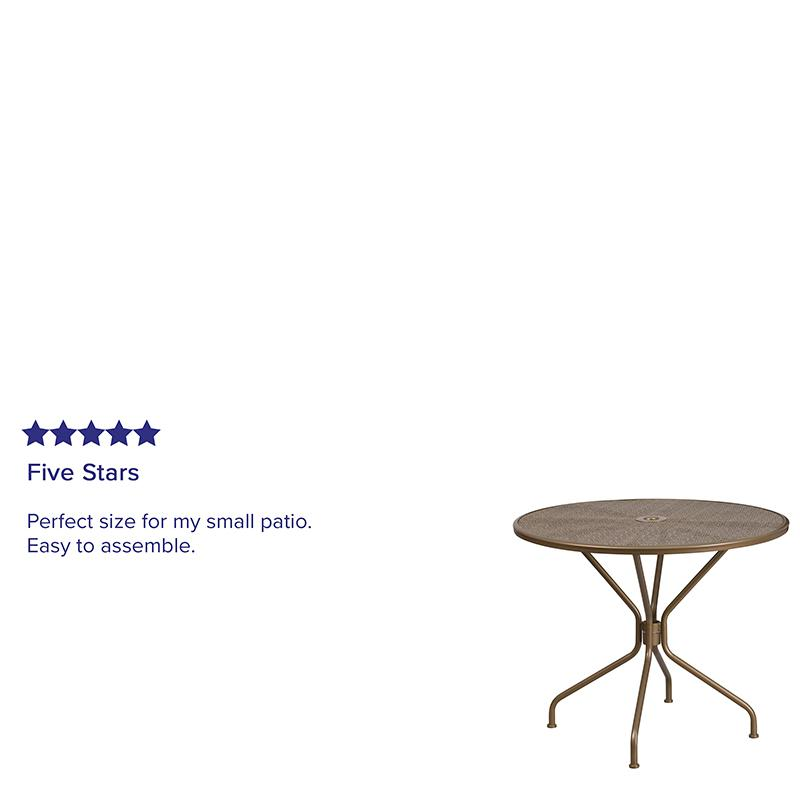 35.25" Round Gold Indoor-Outdoor Steel Patio Table with Umbrella Hole