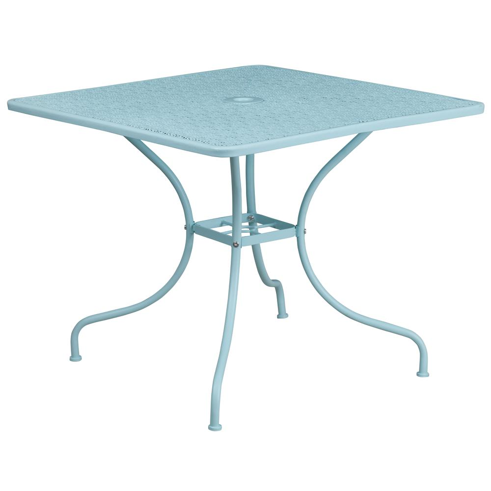 35.5" Square Sky Blue Indoor-Outdoor Steel Patio Table with Umbrella Hole