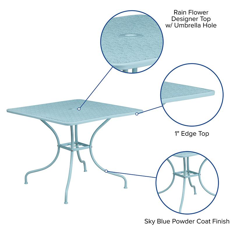 35.5" Square Sky Blue Indoor-Outdoor Steel Patio Table with Umbrella Hole