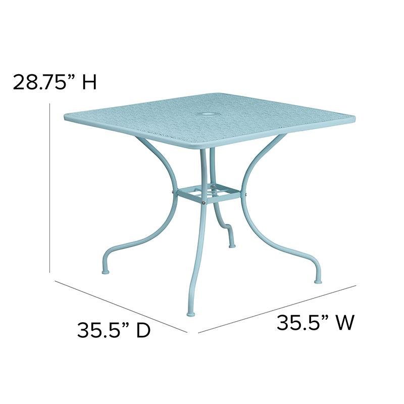 35.5" Square Sky Blue Indoor-Outdoor Steel Patio Table with Umbrella Hole