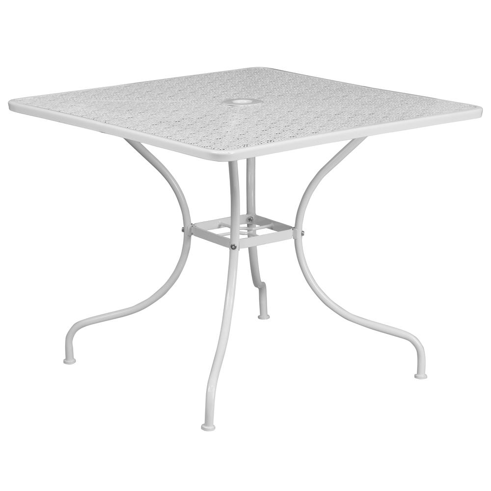 35.5" Square White Indoor-Outdoor Steel Patio Table with Umbrella Hole