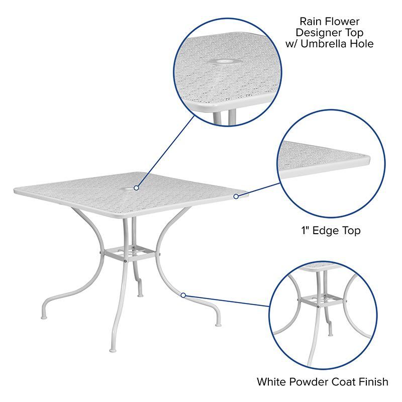 35.5" Square White Indoor-Outdoor Steel Patio Table with Umbrella Hole