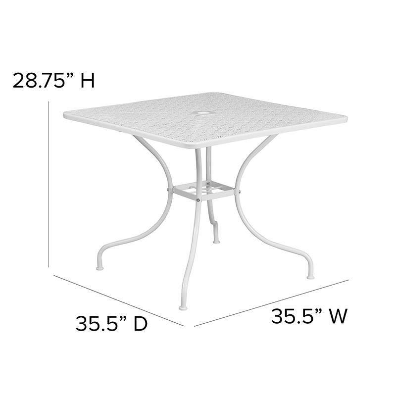 35.5" Square White Indoor-Outdoor Steel Patio Table with Umbrella Hole