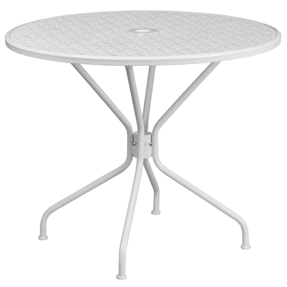 35.25" Round White Indoor-Outdoor Steel Patio Table with Umbrella Hole