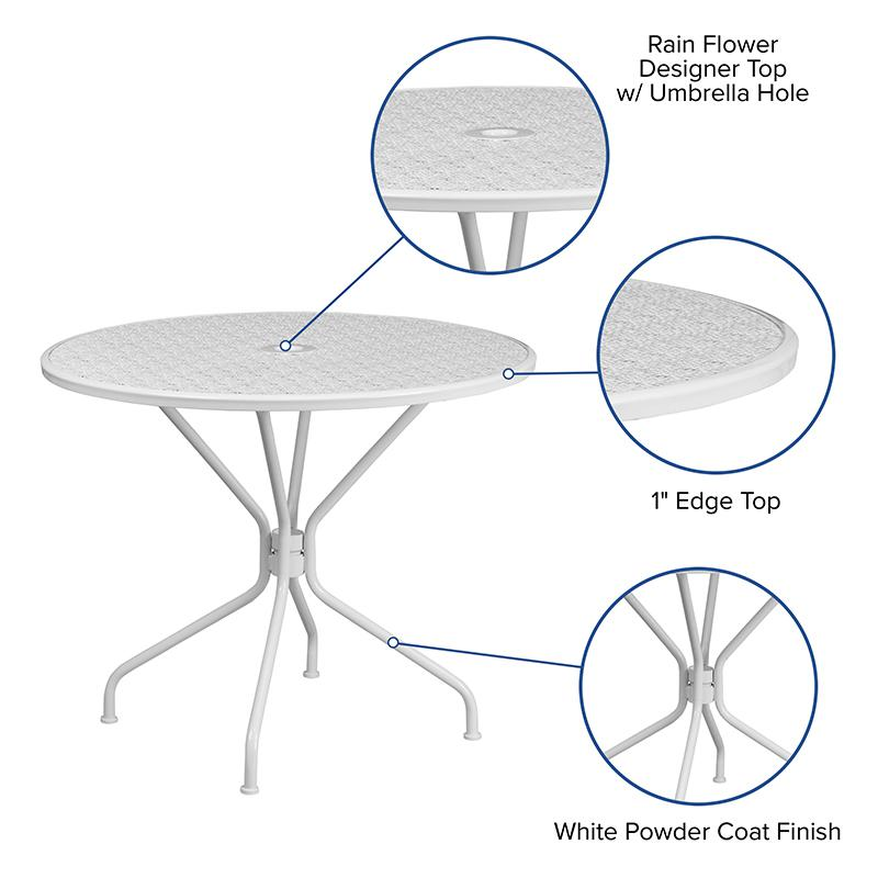 35.25" Round White Indoor-Outdoor Steel Patio Table with Umbrella Hole