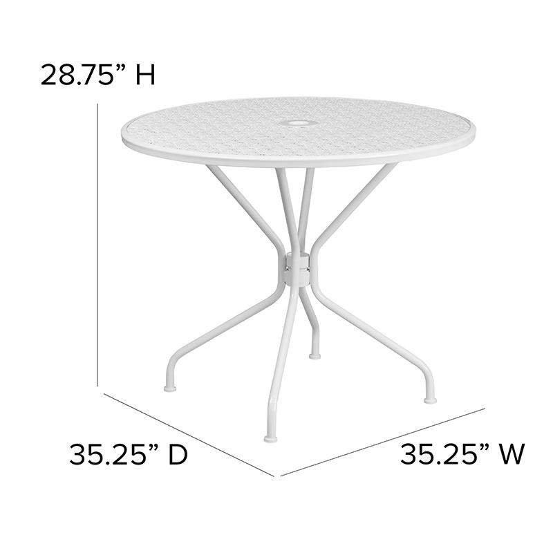 35.25" Round White Indoor-Outdoor Steel Patio Table with Umbrella Hole