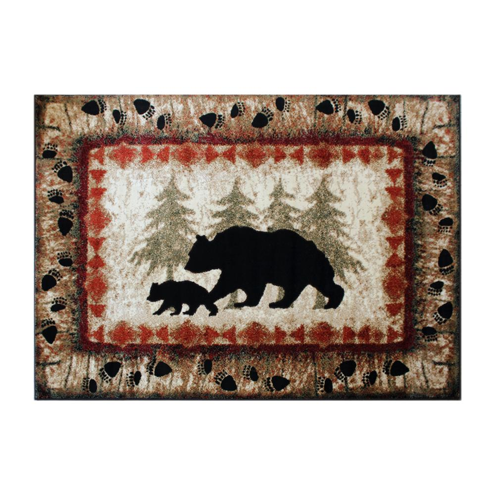 5' x 7' Rustic Lodge Wandering Black Bear and Cub Area Rug with Jute Backing