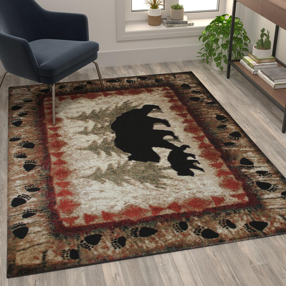 5' x 7' Rustic Lodge Wandering Black Bear and Cub Area Rug with Jute Backing