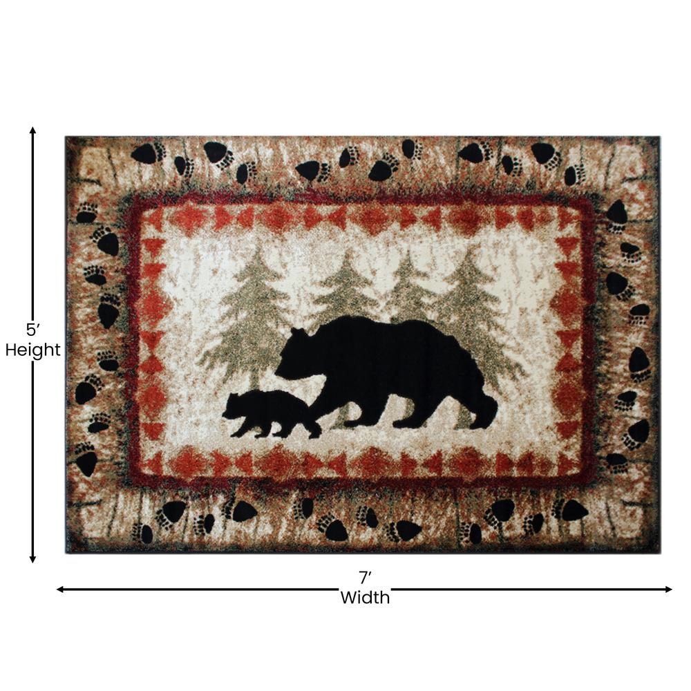 5' x 7' Rustic Lodge Wandering Black Bear and Cub Area Rug with Jute Backing