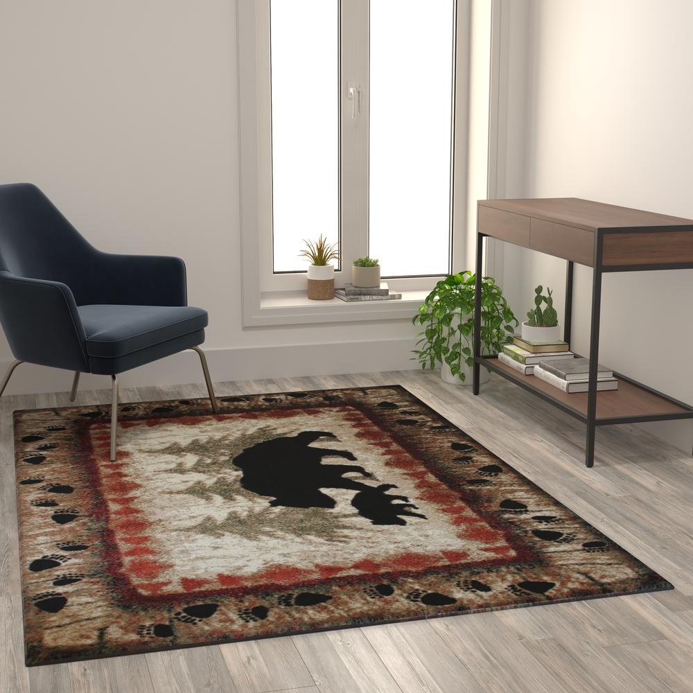 5' x 7' Rustic Lodge Wandering Black Bear and Cub Area Rug with Jute Backing