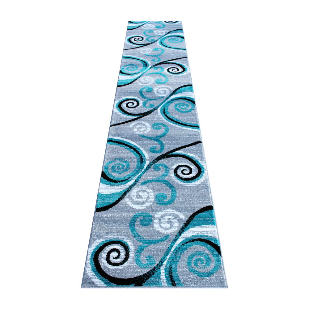 2' x 11' Turquoise Abstract Area Rug - Olefin Rug with Jute Backing