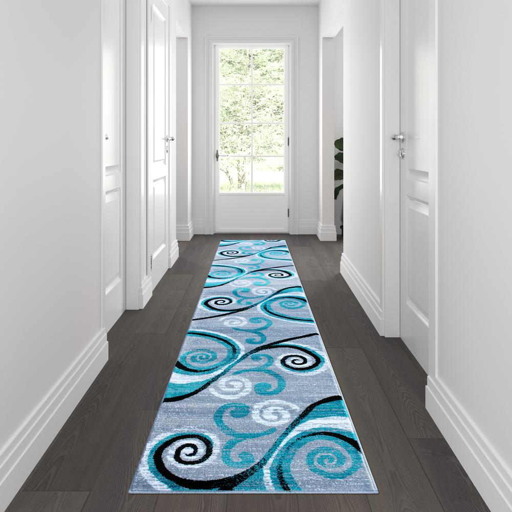 2' x 11' Turquoise Abstract Area Rug - Olefin Rug with Jute Backing