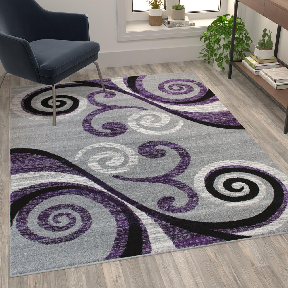 5' x 7' Purple Abstract Area Rug - Olefin Rug with Jute Backing