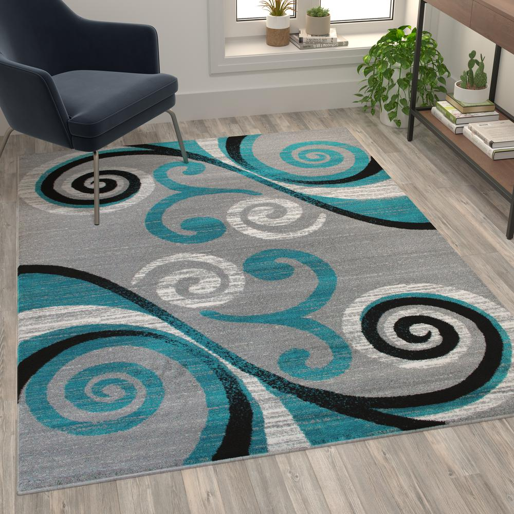 5' x 7' Turquoise Abstract Area Rug - Olefin Rug with Jute Backing