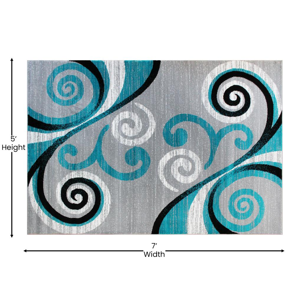 5' x 7' Turquoise Abstract Area Rug - Olefin Rug with Jute Backing