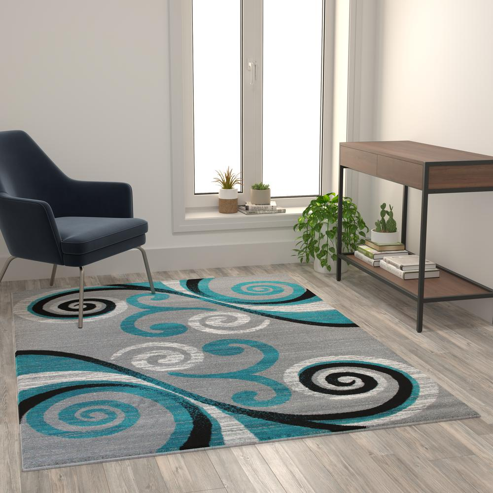 5' x 7' Turquoise Abstract Area Rug - Olefin Rug with Jute Backing