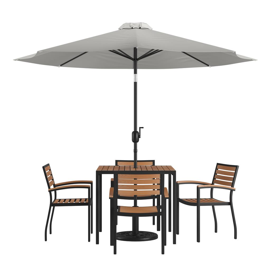 7 Piece Patio Table Set with 4 Stackable Chairs, 35" Table, Gray Umbrella, Base