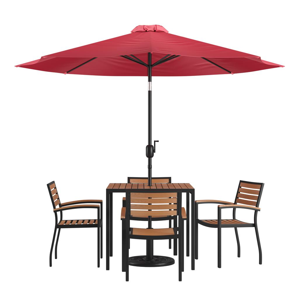 7 Piece Patio Table Set with 4 Stackable Chairs, 35" Table, Red Umbrella, Base