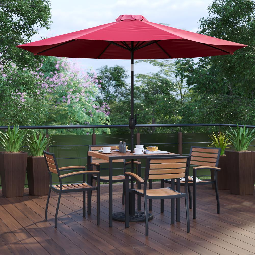 7 Piece Patio Table Set with 4 Stackable Chairs, 35" Table, Red Umbrella, Base