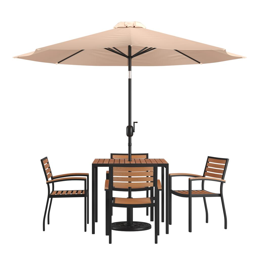 7 Piece Patio Table Set with 4 Stackable Chairs, 35" Table, Tan Umbrella, Base