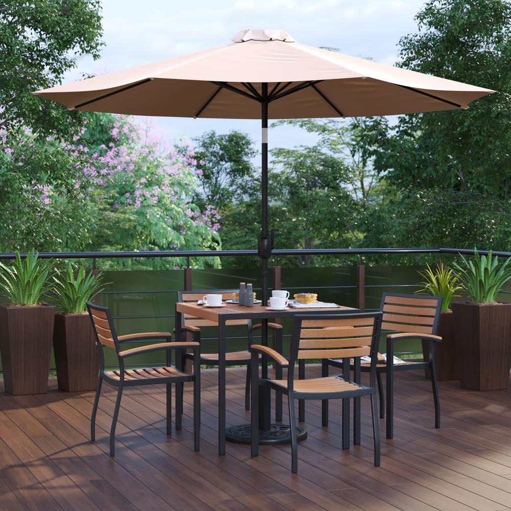 7 Piece Patio Table Set with 4 Stackable Chairs, 35" Table, Tan Umbrella, Base