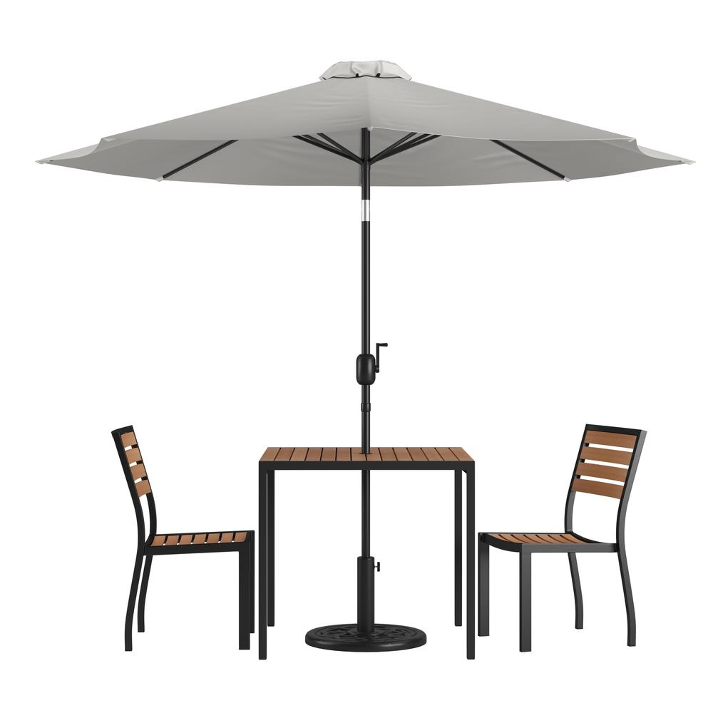 5 Piece Patio Set-2 Stacking Chairs, 35" Table, Gray Umbrella, Base