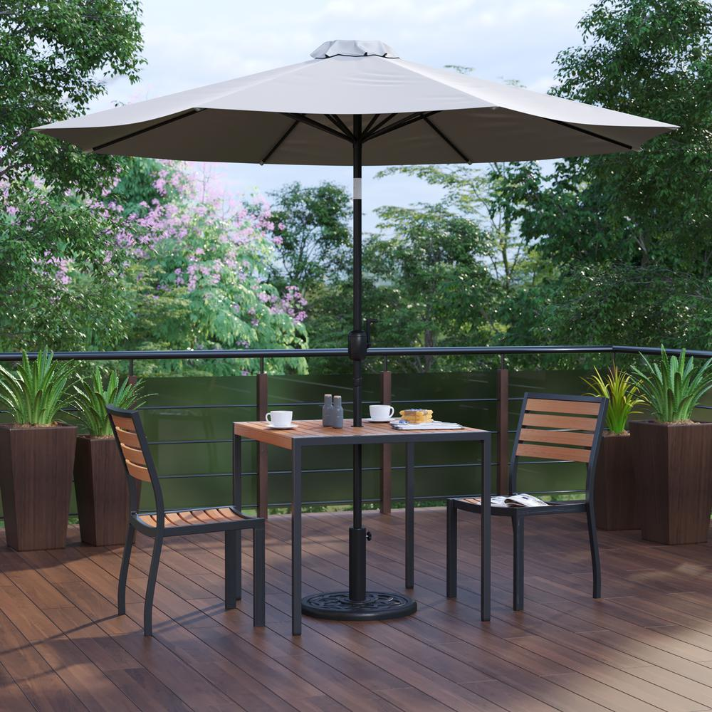 5 Piece Patio Set-2 Stacking Chairs, 35" Table, Gray Umbrella, Base