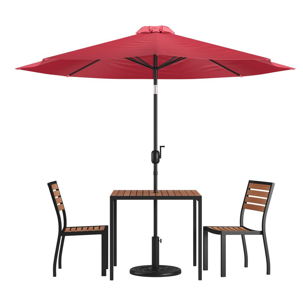 5 Piece Patio Set - 2 Stacking Chairs, 35" Table, Red Umbrella, Base