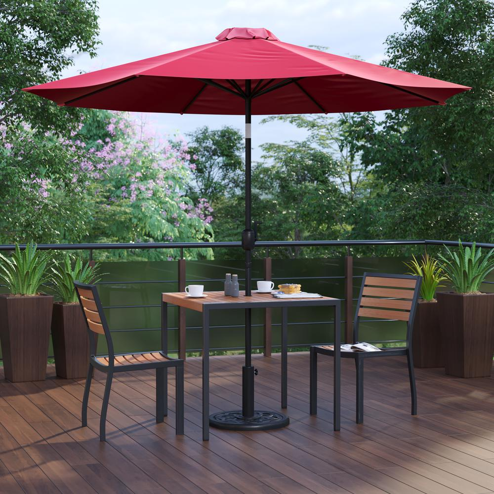 5 Piece Patio Set - 2 Stacking Chairs, 35" Table, Red Umbrella, Base