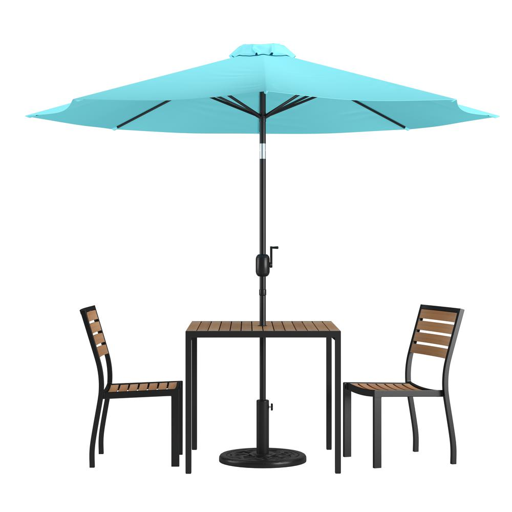 5 Piece Patio Set-2 Stacking Chairs, 35" Table, Teal Umbrella, Base