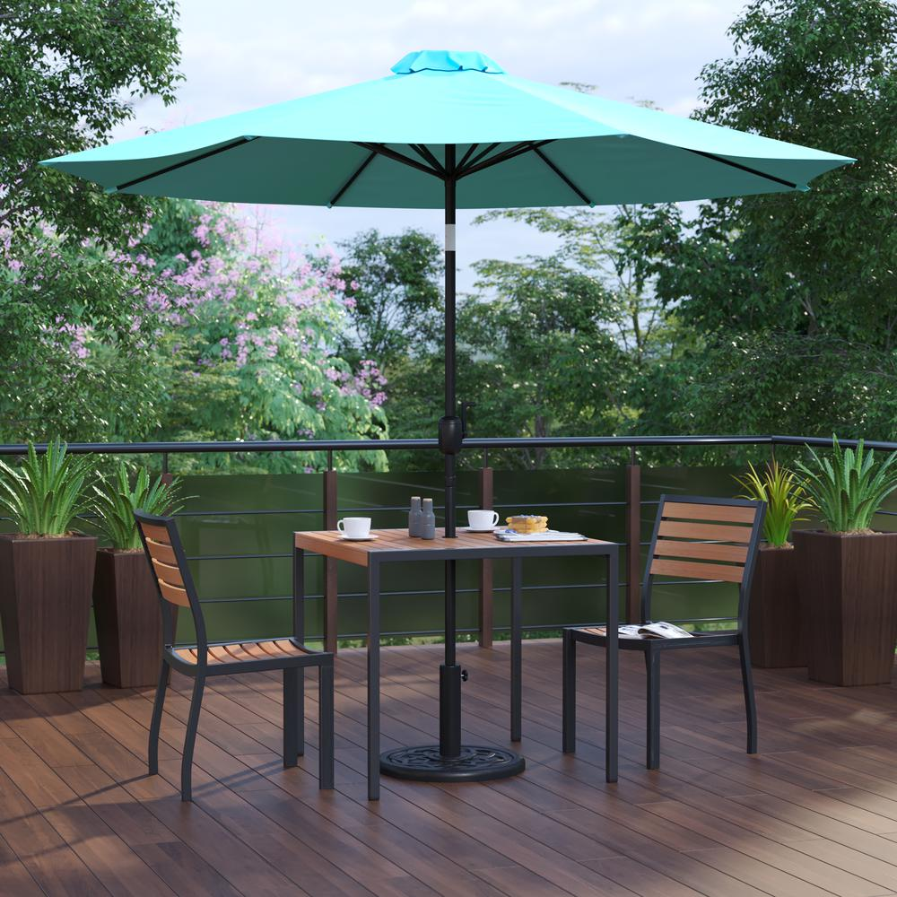 5 Piece Patio Set-2 Stacking Chairs, 35" Table, Teal Umbrella, Base