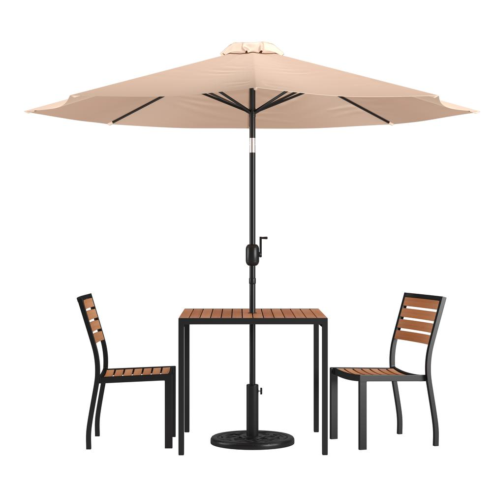 5 Piece Patio Set - 2 Stacking Chairs, 35" Table, Tan Umbrella, Base