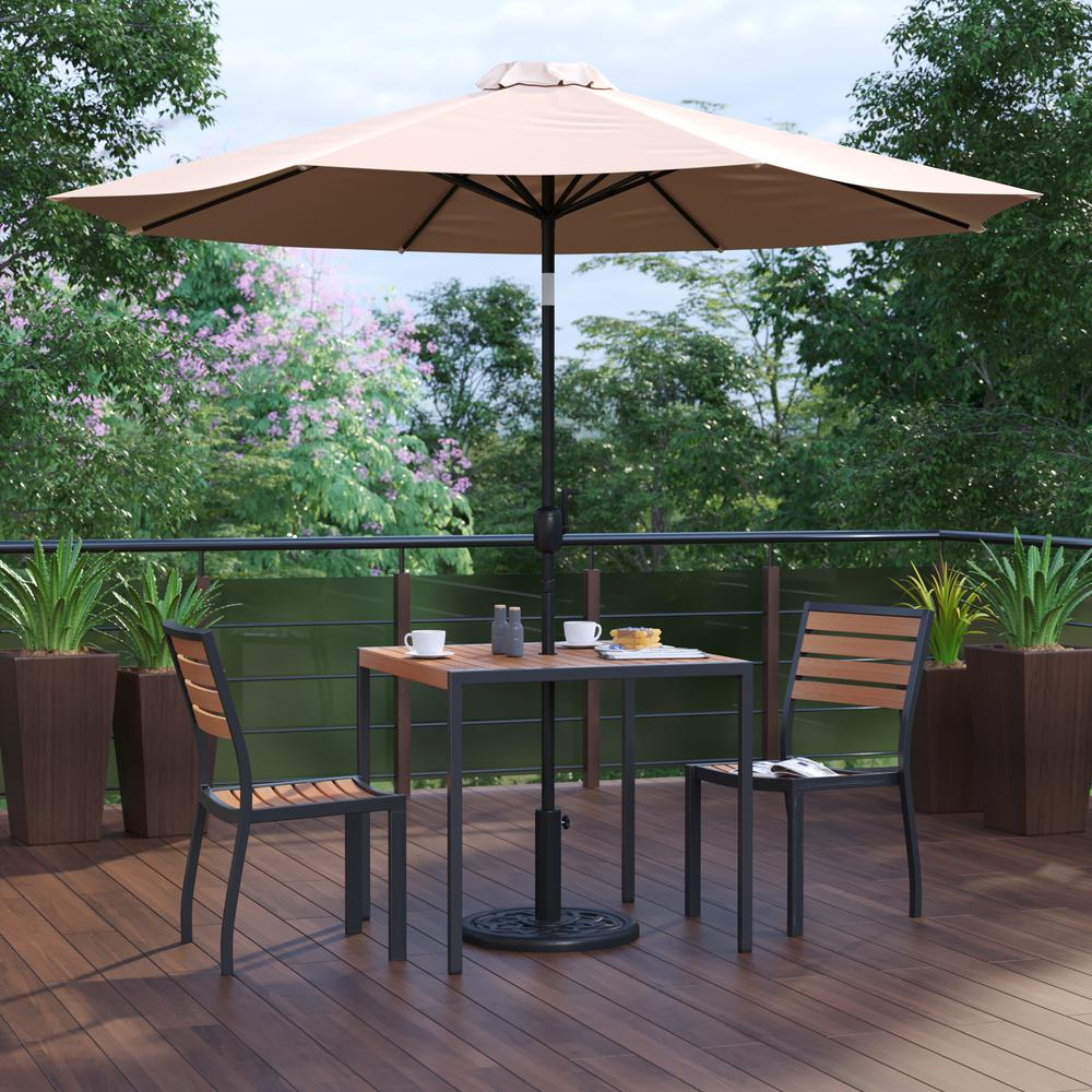 5 Piece Patio Set - 2 Stacking Chairs, 35" Table, Tan Umbrella, Base