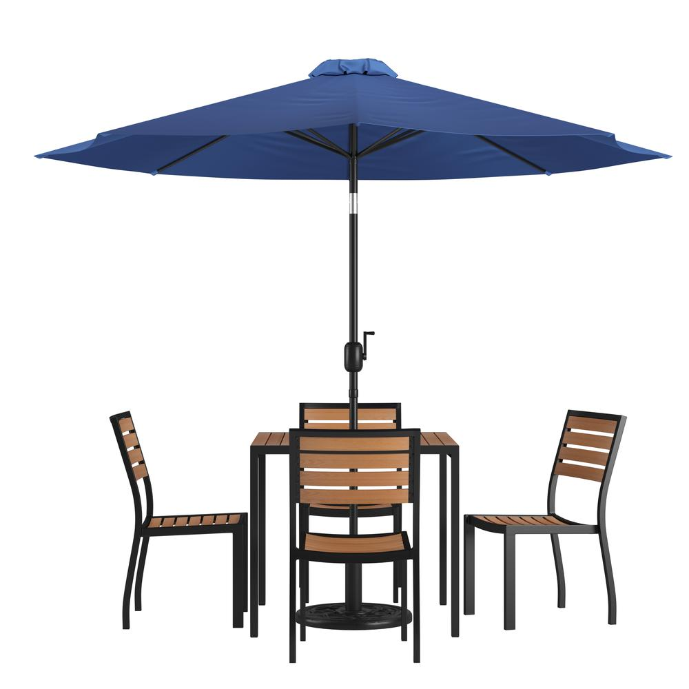 7 Piece Patio Set-4 Stacking Chairs, 35" Table, Navy Umbrella, Base