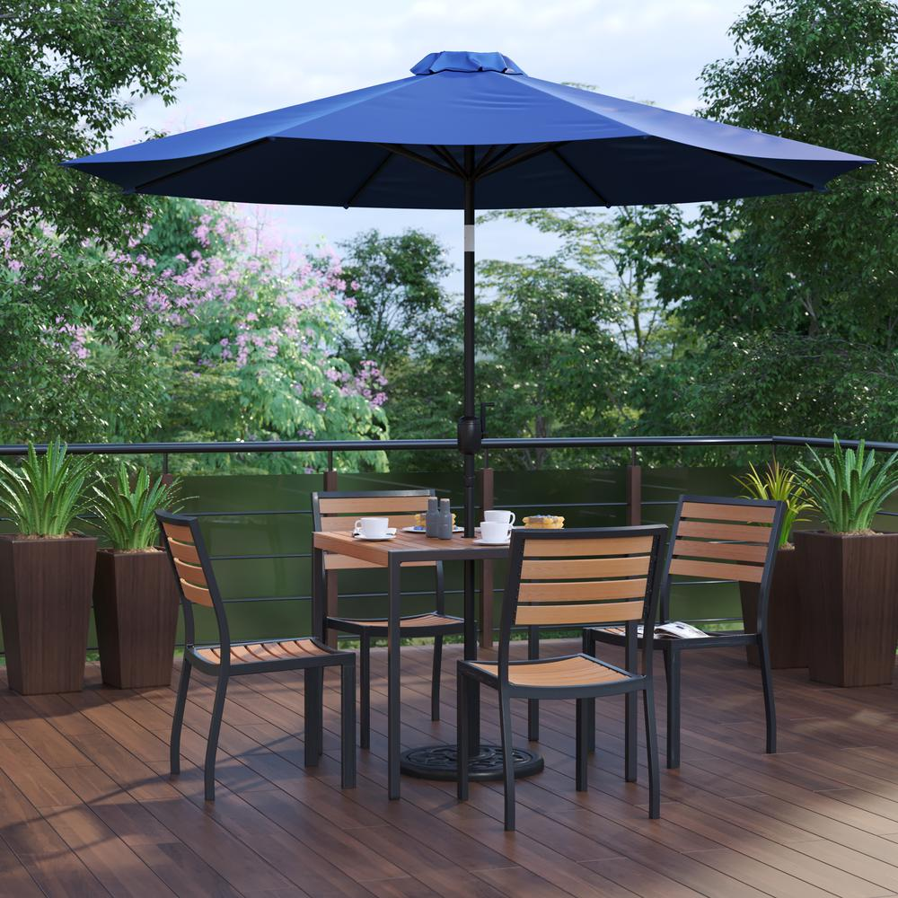 7 Piece Patio Set-4 Stacking Chairs, 35" Table, Navy Umbrella, Base