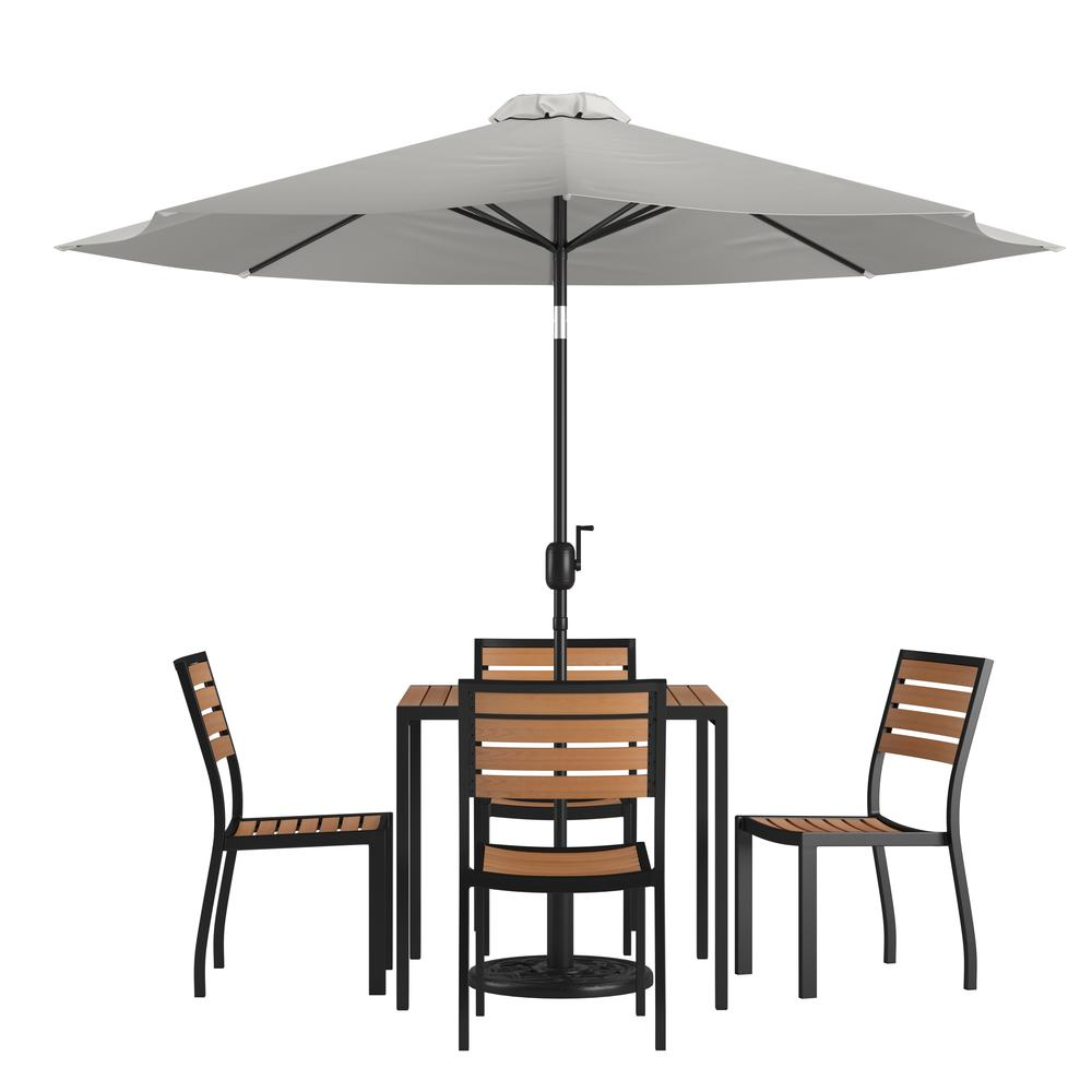 7 Piece Patio Set-4 Stacking Chairs, 35" Table, Gray Umbrella, Base