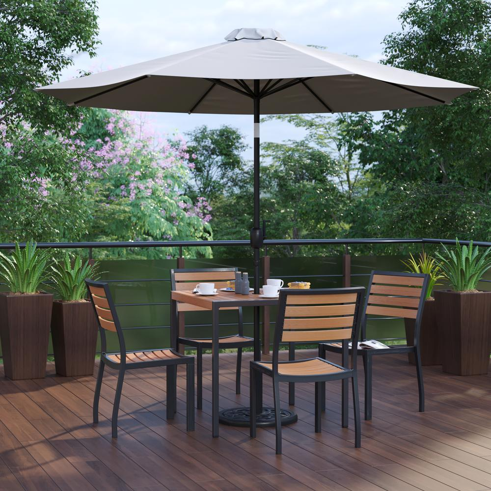 7 Piece Patio Set-4 Stacking Chairs, 35" Table, Gray Umbrella, Base