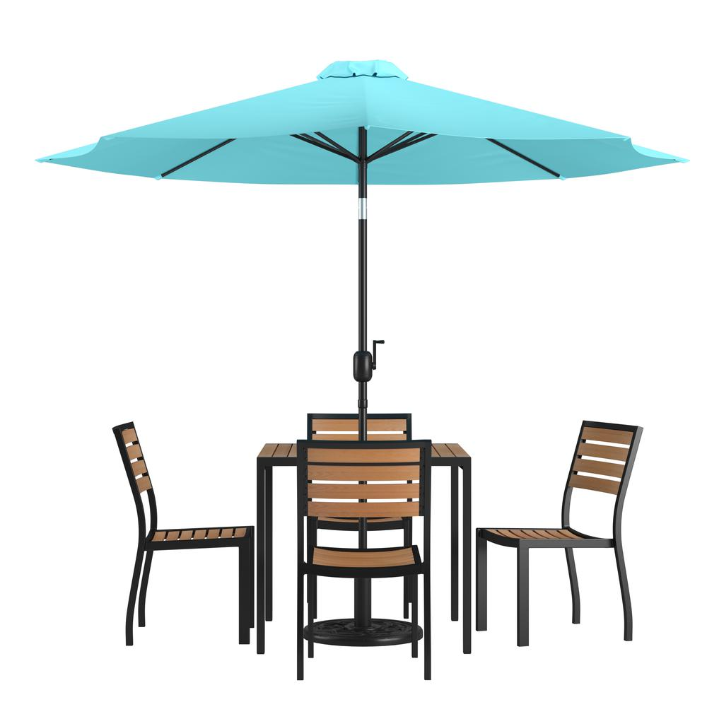 7 Piece Patio Set-4 Stacking Chairs, 35" Table, Teal Umbrella, Base