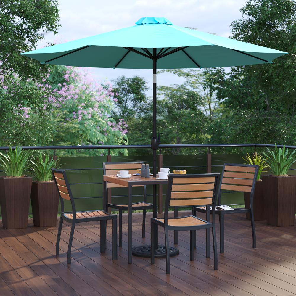 7 Piece Patio Set-4 Stacking Chairs, 35" Table, Teal Umbrella, Base