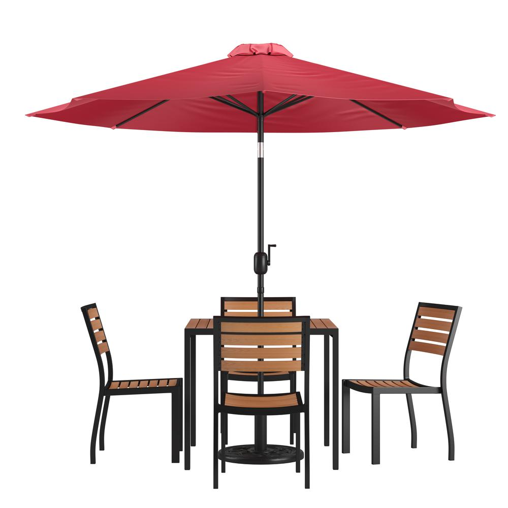 7 Piece Patio Set - 4 Stacking Chairs, 35" Table, Red Umbrella, Base