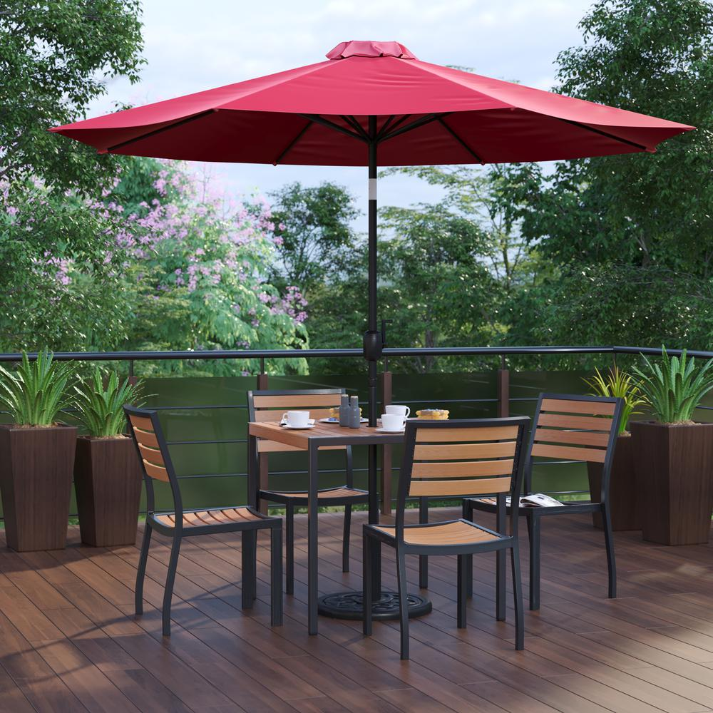 7 Piece Patio Set - 4 Stacking Chairs, 35" Table, Red Umbrella, Base