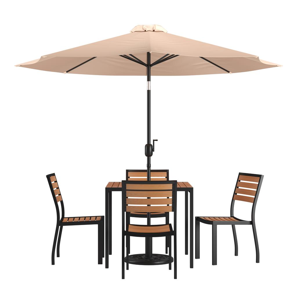 7 Piece Patio Set - 4 Stacking Chairs, 35" Table, Tan Umbrella, Base