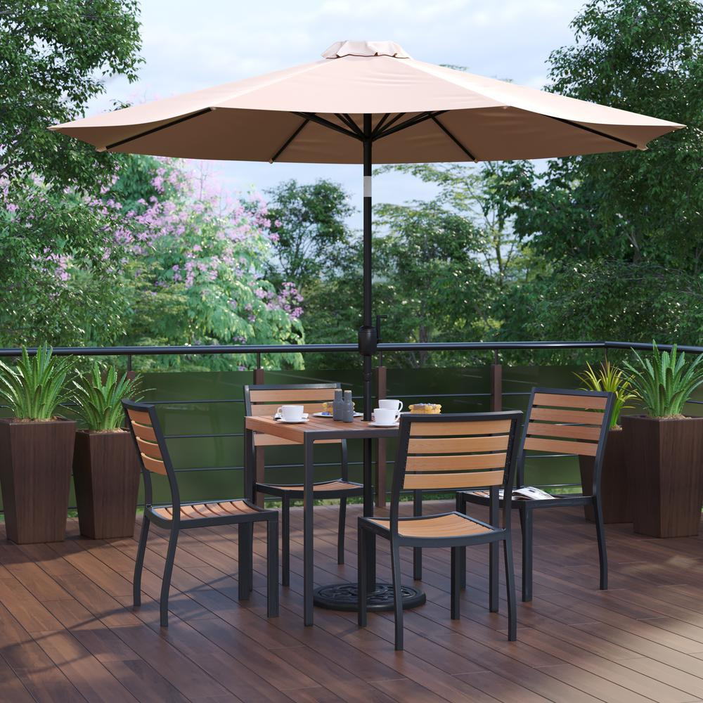 7 Piece Patio Set - 4 Stacking Chairs, 35" Table, Tan Umbrella, Base