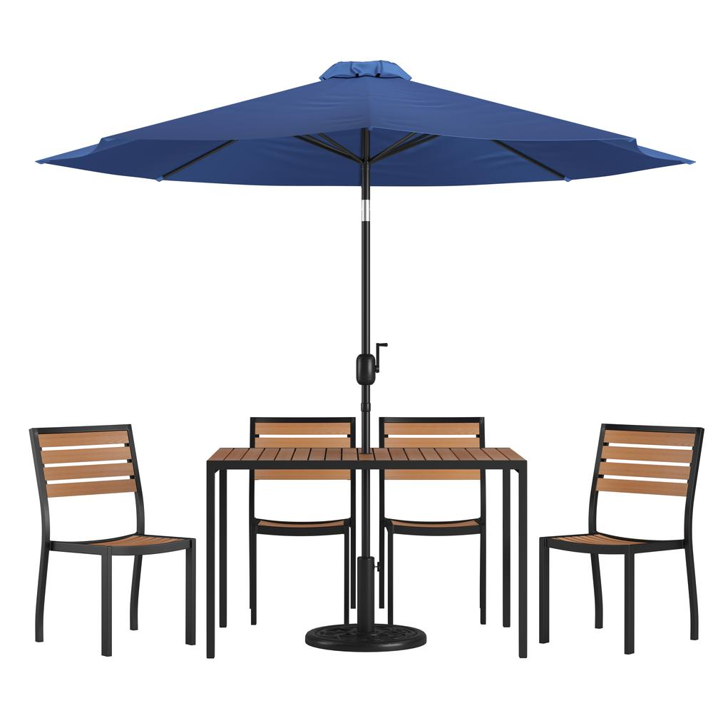 7 Piece Patio Set - 4 Stacking Chairs, 30" x 48" Table, Navy Umbrella, Base