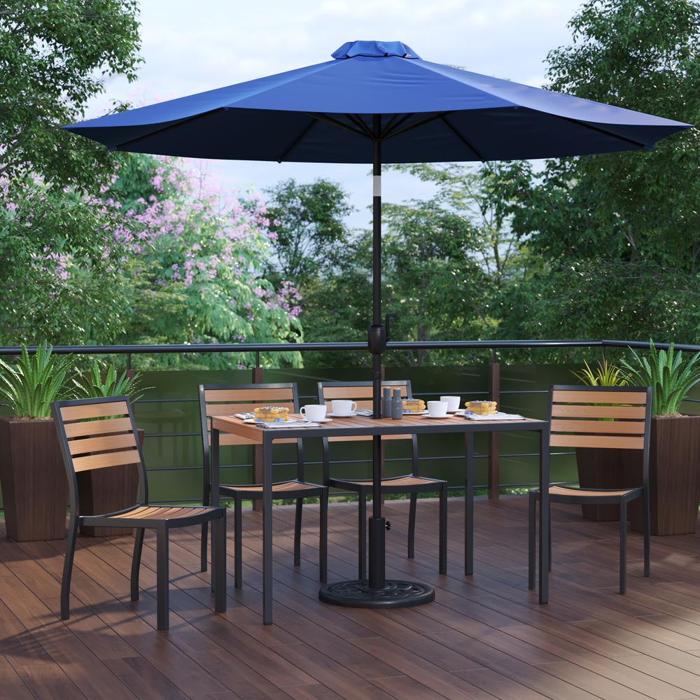 7 Piece Patio Set - 4 Stacking Chairs, 30" x 48" Table, Navy Umbrella, Base