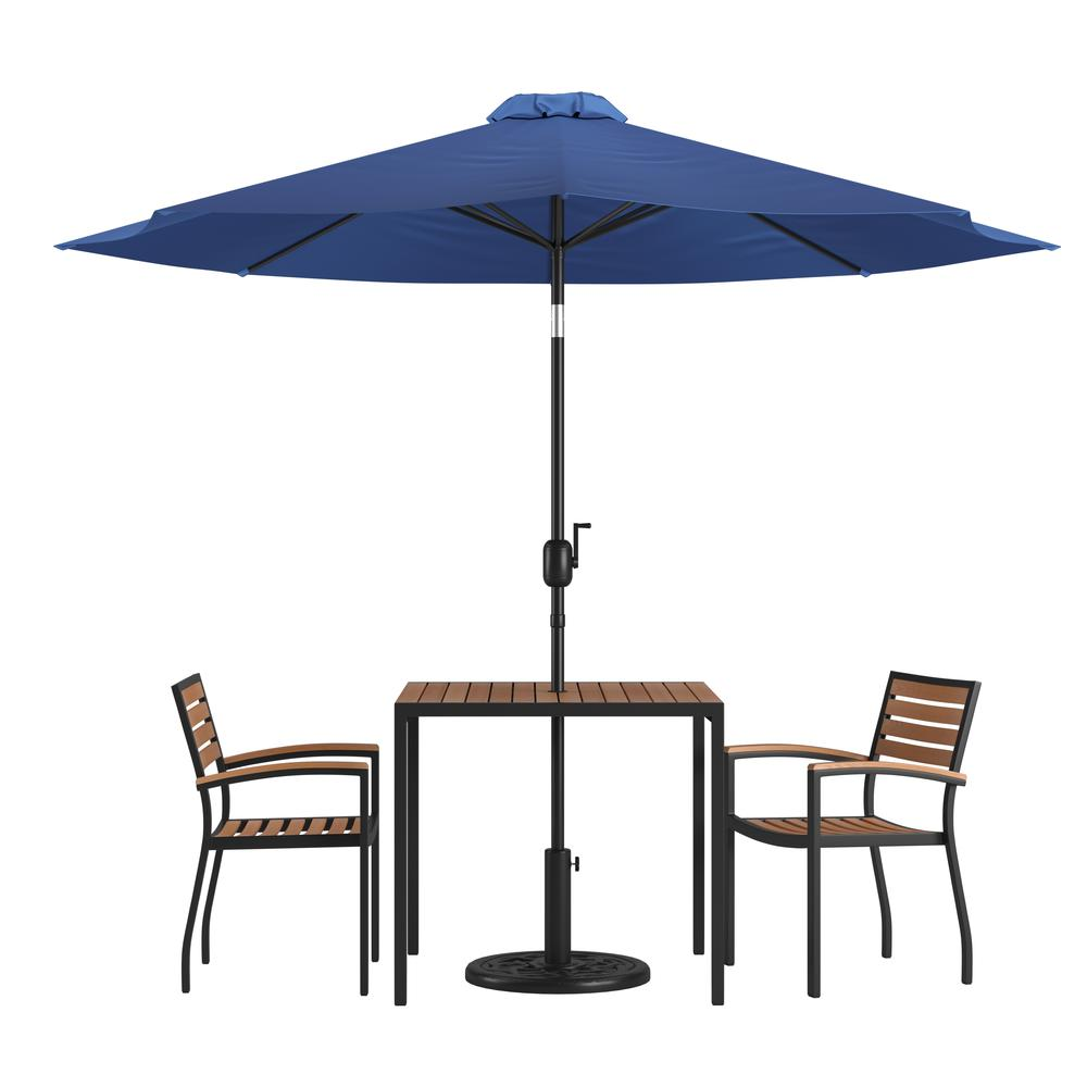 5 Piece Patio Table Set with 2 Stackable Chairs, 35" Table, Navy Umbrella, Base